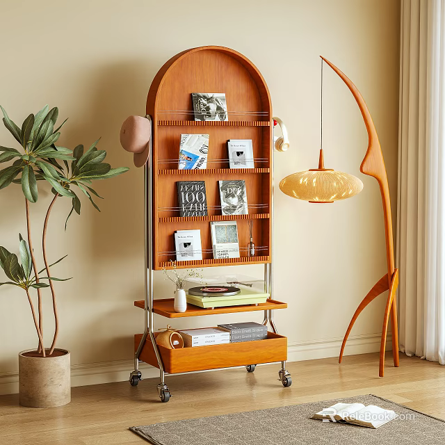 Multi tiered Wooden Shelf with Wheels Holding Books Records and Decor in Modern Living Space 3d model 