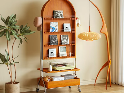Multi tiered Wooden Shelf with Wheels Holding Books Records and Decor in Modern Living Space 3d model