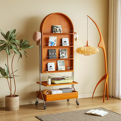Multi tiered Wooden Shelf with Wheels Holding Books Records and Decor in Modern Living Space 3d model
