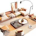 Modern Stylish Sofa and Coffee Table Set With Pillows Rug Floor Lamp And Decorative Art
