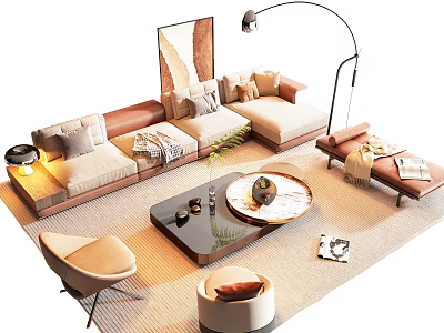 Modern Stylish Sofa and Coffee Table Set With Pillows Rug Floor Lamp And Decorative Art 3d model