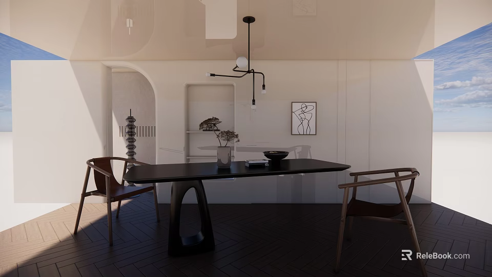 Modern Restaurant Interior With Black Dining Table Wooden Chairs Wall Art And Hanging Light 3d model 