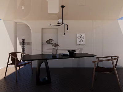 Modern Restaurant Interior With Black Dining Table Wooden Chairs Wall Art And Hanging Light 3d model