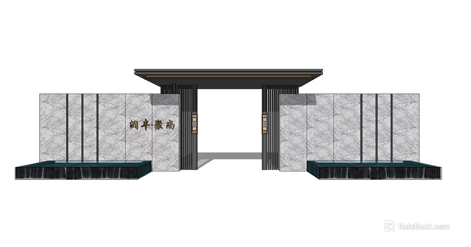 Grand Entrance Gate of Runfeng Haofu with Marble Walls on Both Sides and Black Frame 3d model 