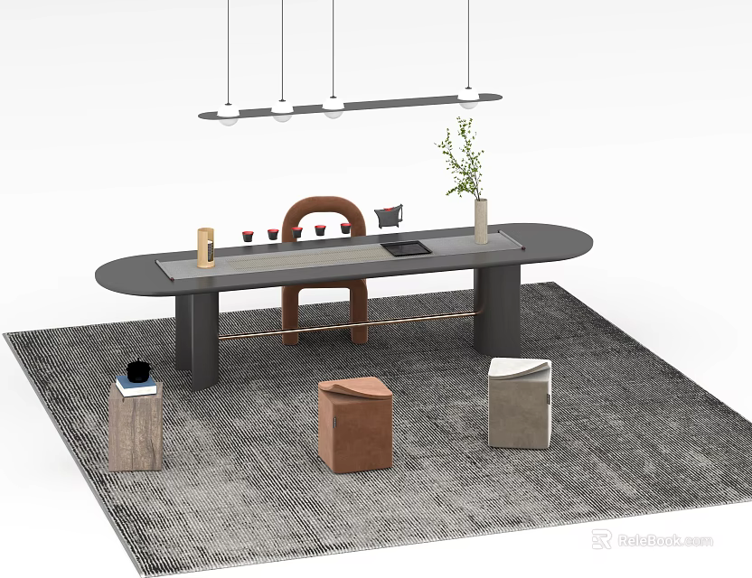 Modern Tea Table With Chairs Hanging Lights And Decorative Items On Grey Rug 3d model 