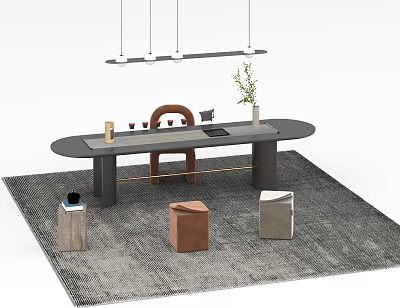 Modern Tea Table With Chairs Hanging Lights And Decorative Items On Grey Rug 3d model