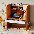 Cozy Wooden Desk With Shelf Laptop Books Mug Calendar Sunflower Bouquet And Lamp
