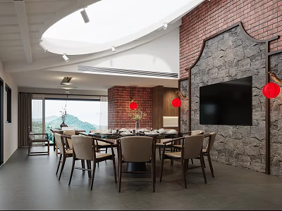 Chinese Style Restaurant Interior With Round Dining Table Stone Brick Wall Red Lanterns And Mountain View 3d model