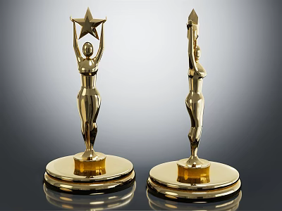 Golden Trophies with Female Figure Holding Star and Spire on Reflective Black Base 3d model
