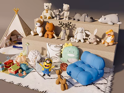 Stuffed Animal Plush Dolls Featuring Teddy Bears Bunny Dinosaur Minion With Teepee Sofa And Blanket 3d model