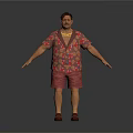 Man in Floral Shirt Red Shorts with Gold Necklace on White Background Arms Outstretched