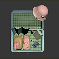 Open Blue Suitcase Containing Daily Necessities Pink Hat Green Checkered Cloth