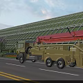 Yellow Utility Vehicle With Red Boom Parked Roadside Near Green Grid Structure And Purple Flowers