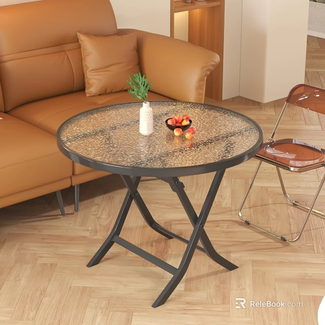 Foldable Round Glass Coffee Table Black Metal Frame White Vase Green Plant And Fruit Bowl 3d model 