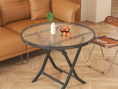 Foldable Round Glass Coffee Table Black Metal Frame White Vase Green Plant And Fruit Bowl 3d model