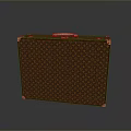 Vintage Style Suitcase With Red Trim Brown Patterned Surface And Wooden Handle