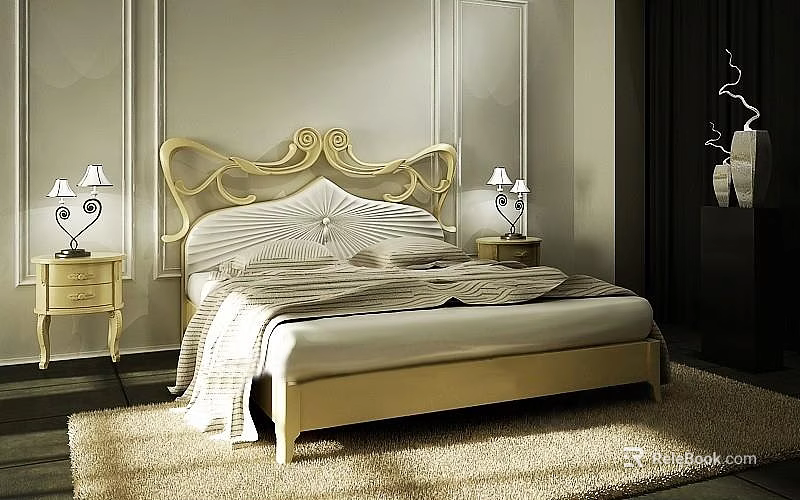 Classic Double Bed With Golden Curved Headboard Striped Bedspread And Bedside Lamps On Rug 3d model 