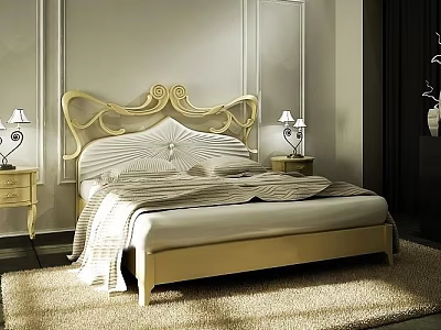 Classic Double Bed With Golden Curved Headboard Striped Bedspread And Bedside Lamps On Rug 3d model
