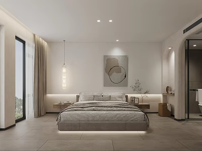 Modern Minimalist Hotel Guest Room With King Bed Floor to Ceiling Windows And Decorative Art 3d model