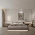 Modern Minimalist Hotel Guest Room With King Bed Floor to Ceiling Windows And Decorative Art