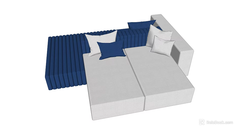 Modern Blue And White Sectional Sofa With Soft Pillows And Armrest 3d model