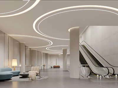 Modern Spacious Shopping Mall Lobby With Curved Ceiling Lights Stylish Escalator And Comfortable Rest Area 3d model