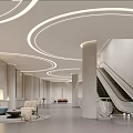 Modern Spacious Shopping Mall Lobby With Curved Ceiling Lights Stylish Escalator And Comfortable Rest Area