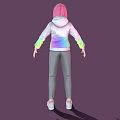 Game Movie Character With Pink Hair And Hoodie Featuring Colorful Gradient Sleeves And Star Pattern