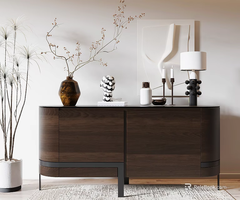 Elegant Modern Walnut Console Table Sideboard With Vase Decorative Objects And Table Lamp 3d model 