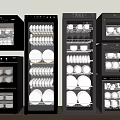 Modern Black Kitchen Appliances With Glass Doors Storing Dishes Cups And Bowls