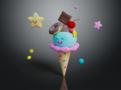 Colorful Blue Ice Cream Cone With Happy Face Topped With Chocolate Cherry Donut Star Decorations 3d model