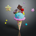 Colorful Blue Ice Cream Cone With Happy Face Topped With Chocolate Cherry Donut Star Decorations