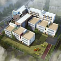 Modern School Building with Glass Facade and Brick Design Along Street with Vehicles and Pedestrians
