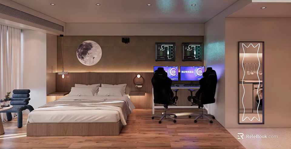 Modern Hotel Guest Room With Bed Two Computer Monitors Gaming Chairs And Moon Decoration 3d model 