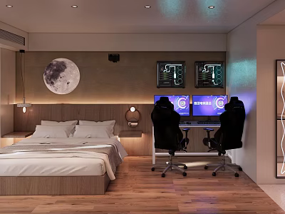 Modern Hotel Guest Room With Bed Two Computer Monitors Gaming Chairs And Moon Decoration 3d model
