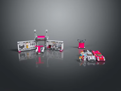 Red Racing Car At Pink White Garage With Worker And Driver Figures 3d model