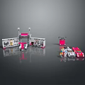 Red Racing Car At Pink White Garage With Worker And Driver Figures