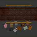 Dark Red Wooden Bookshelf With Multiple Shelves Holding Colorful Books And Scattered Papers