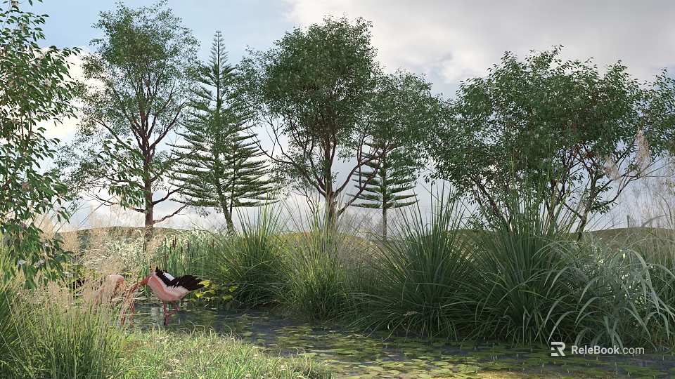 Arbor Trees Surrounding Natural Pond With Pink Bird Reeds And Grass 3d model 