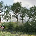 Arbor Trees Surrounding Natural Pond With Pink Bird Reeds And Grass