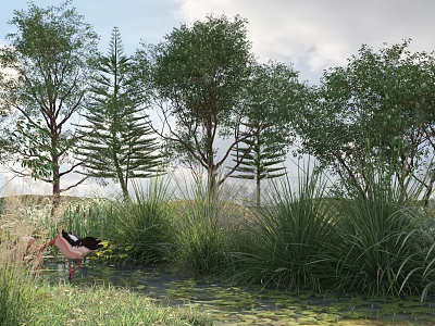Arbor Trees Surrounding Natural Pond With Pink Bird Reeds And Grass 3d model