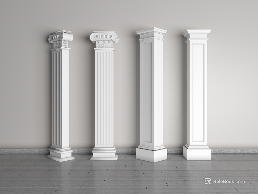 Four White Columns With Various Designs Against Gray Wall On Tiled Floor 3d model 