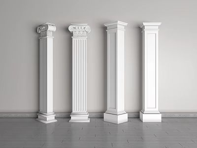 Four White Columns With Various Designs Against Gray Wall On Tiled Floor 3d model
