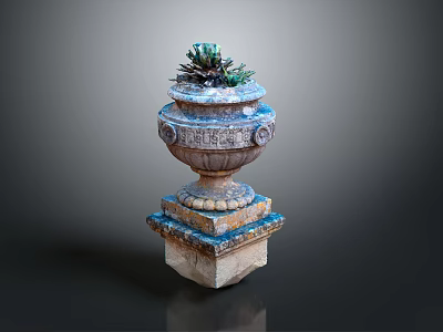 Succulent Plant Growing in Carved Decorative Planter with Pedestal Base and Ornate Details 3d model