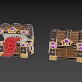 Decorative Wooden Treasure Chests With Golden Trim Purple Gems And Tongue Detail