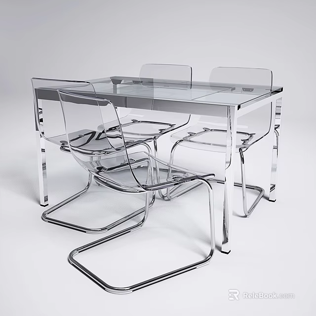 Transparent Modern Table and Chair Set with Clear Acrylic Surface and Metal Legs 3d model 