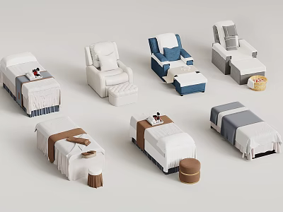 Various SPA Treatment Massage Beds And Chairs With Towels Stools And Baskets 3d model