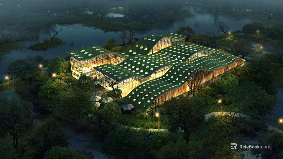 Modern Commercial Complex With Eco Green Roof And Waterfront Lush Greenery Illuminated At Night 3d model 