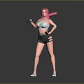 Game Movie Character With Pink Hair Holding Pink Baseball Bat In Tank Top And Black Shorts