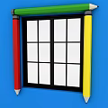 Casement Window with Red Yellow Pencils Black Frame White Grid Glass on Blue Wall